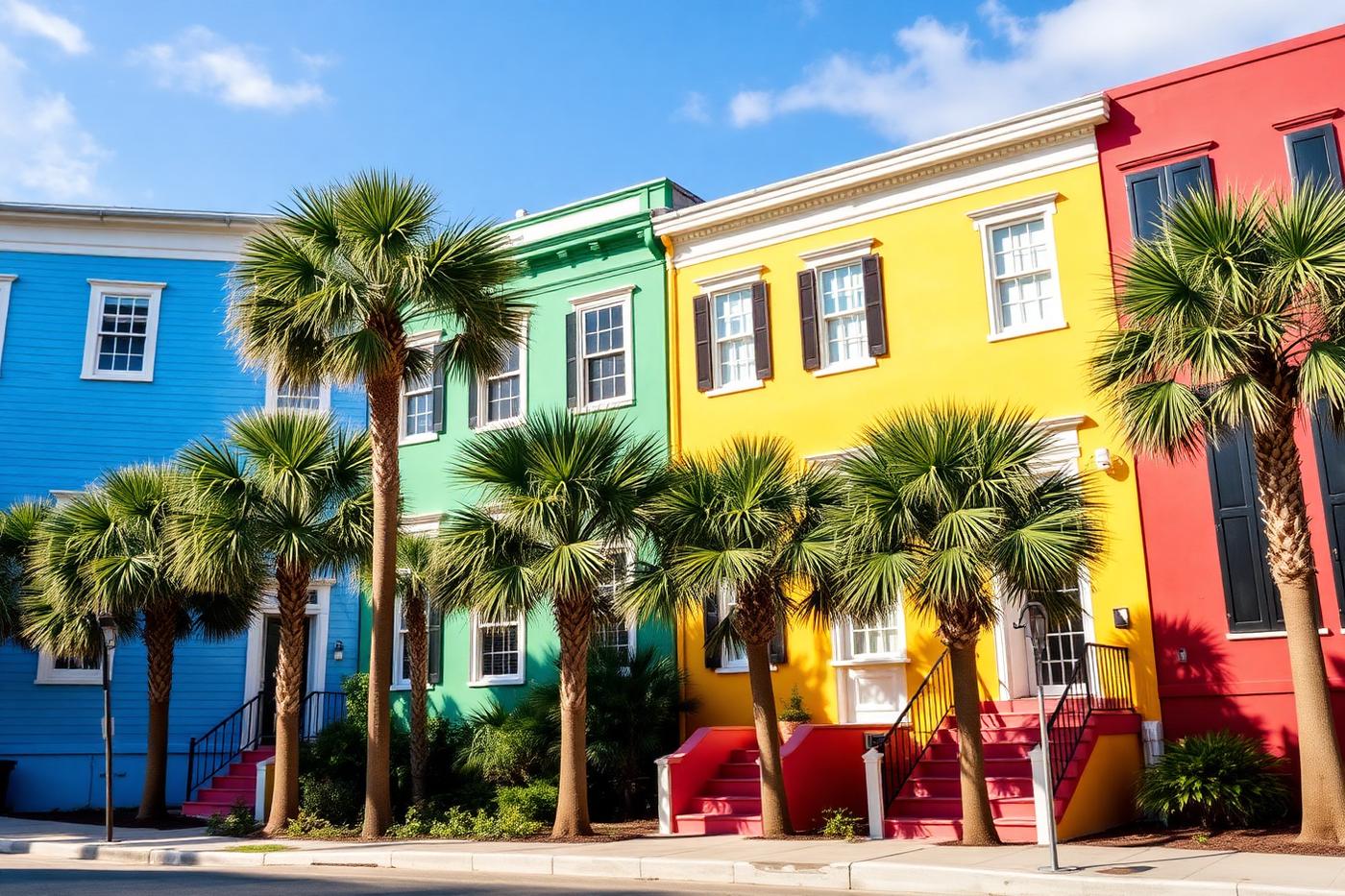 Colorful historic Charleston homes lined with palmetto trees